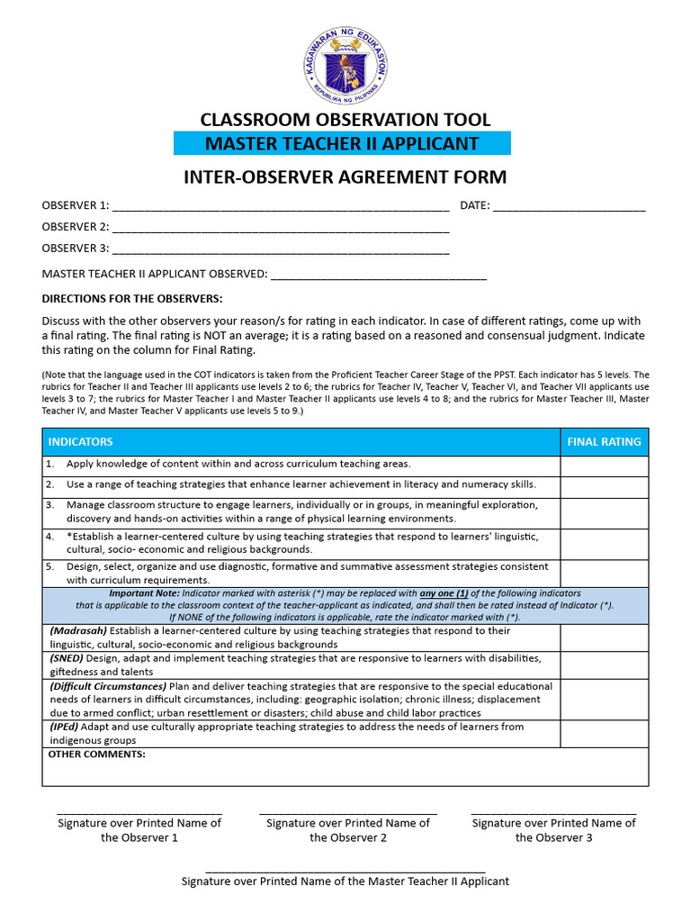 Classroom Observation Tool for Master Teacher II | PDF