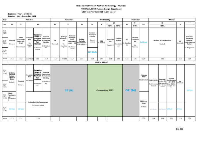 FD Time-Table - 13-17 Oct (11th Week) | PDF | Fashion | Human Body