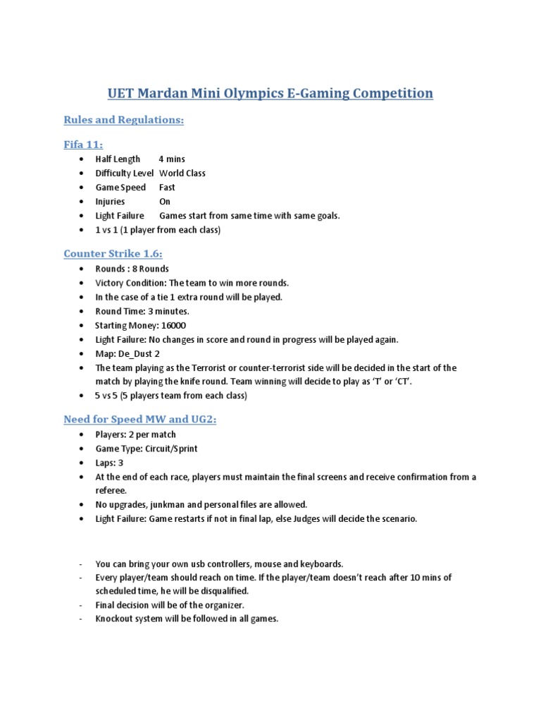 UET Mardan E-Gaming Competition Rules | PDF
