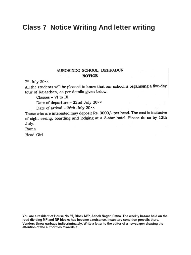 Class 7 Notice and Letter Writing Guide | PDF
