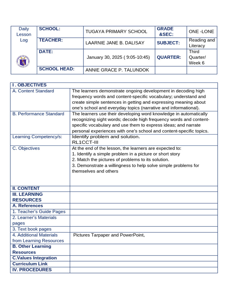 Grade 1 Reading Lesson Plan: Problems & Solutions | PDF | Learning ...