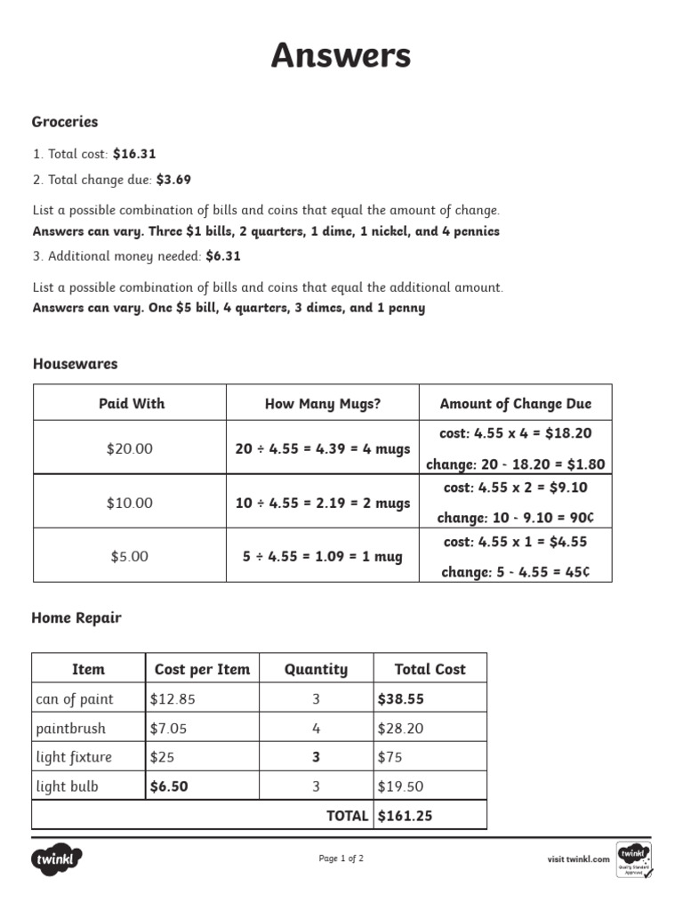 Answers Life Skills Money and Math Skills Activity | PDF