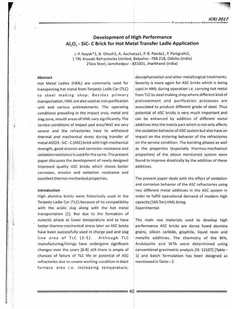 Development of High Performance Al-Sic-C Brick For Hot Metal Transfer ...