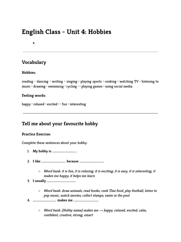 English Class: Hobbies Vocabulary & Activities | PDF