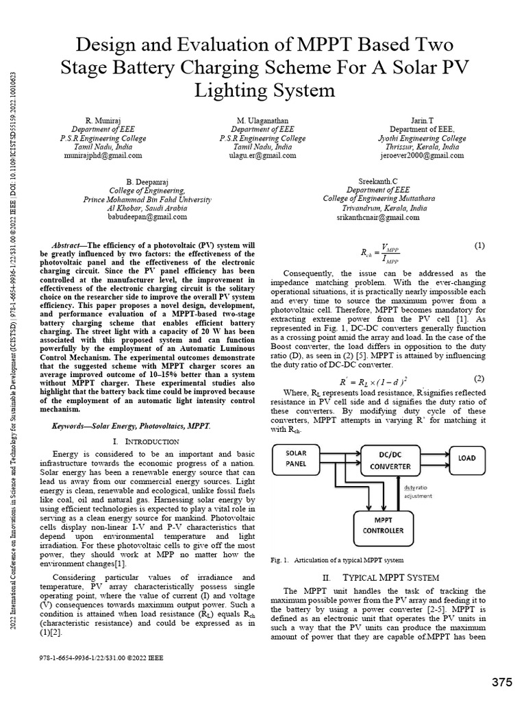 Design and Evaluation of MPPT Based Two Stage Battery Charging Scheme ...