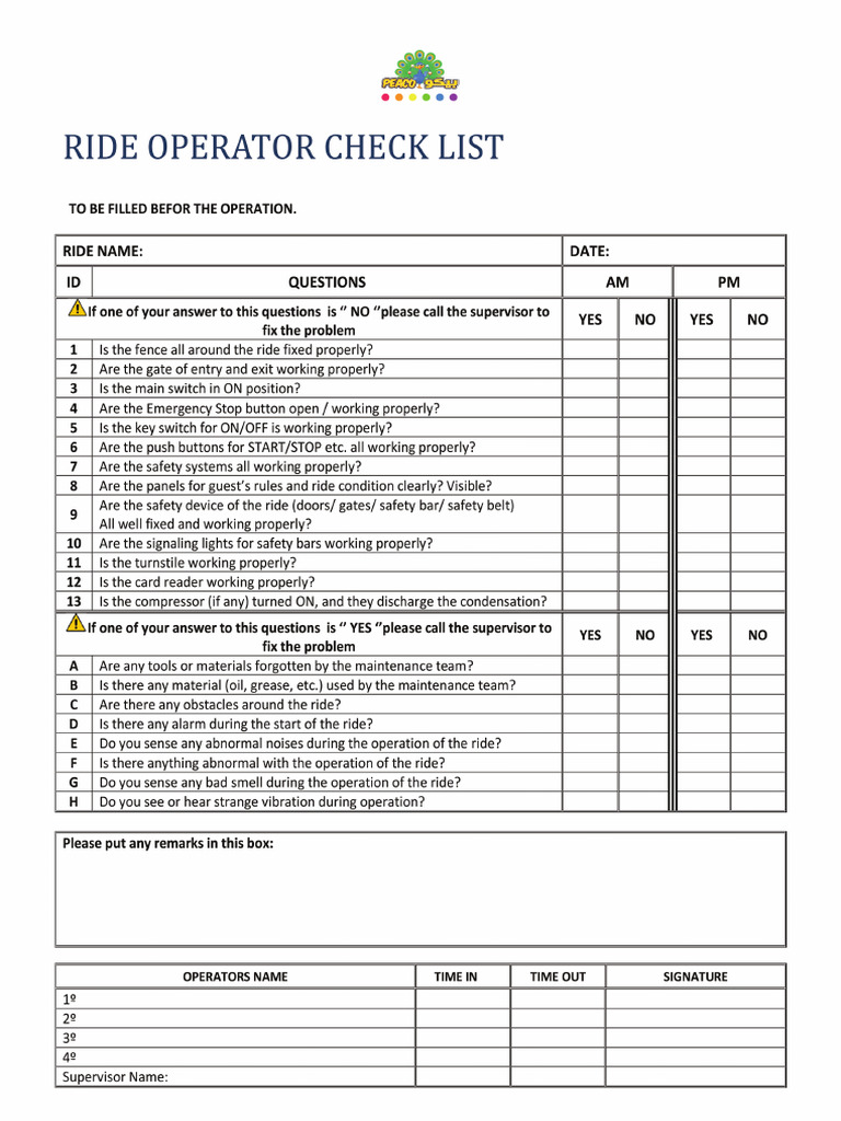 Ride Operator Check List | PDF