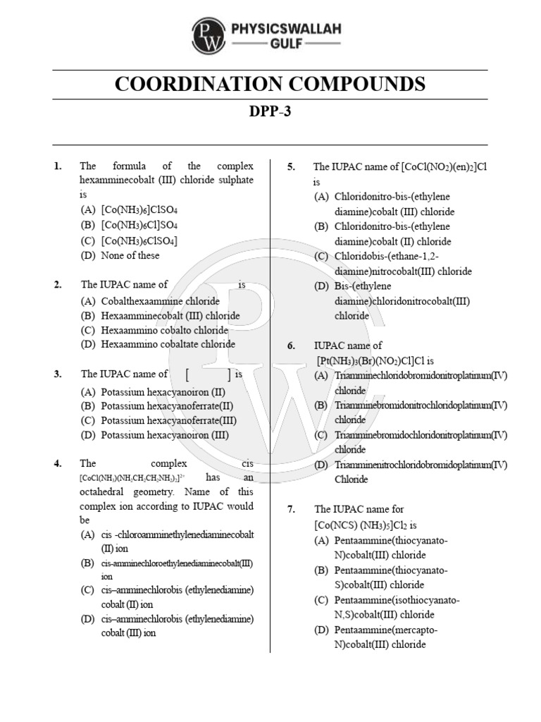 DPP - 3 - IUPAC Nomenclature of Coordination Compounds | PDF | Chemical ...