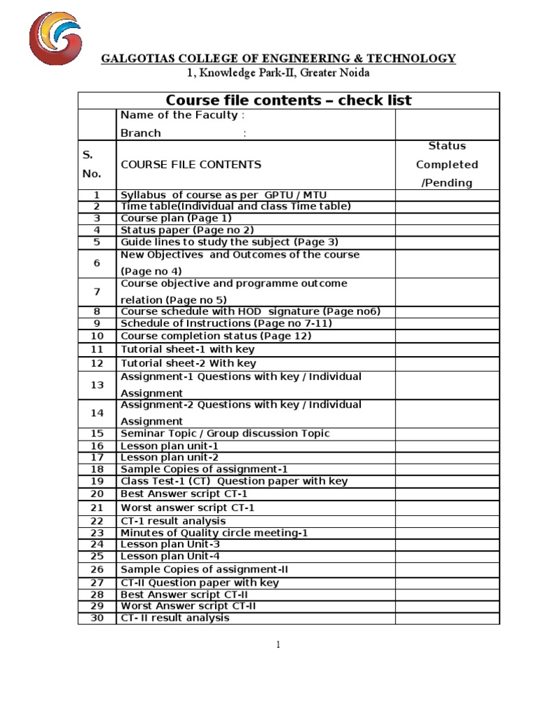Course File Checklist for Faculty | PDF