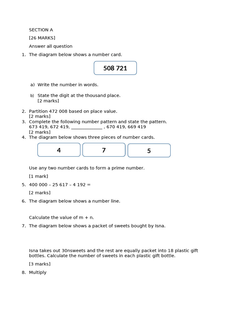 Number Card and Math Problems Worksheet | PDF