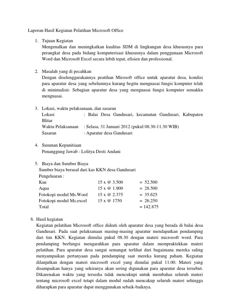 Laporan Hasil Kegiatan Pelatihan Ms Office