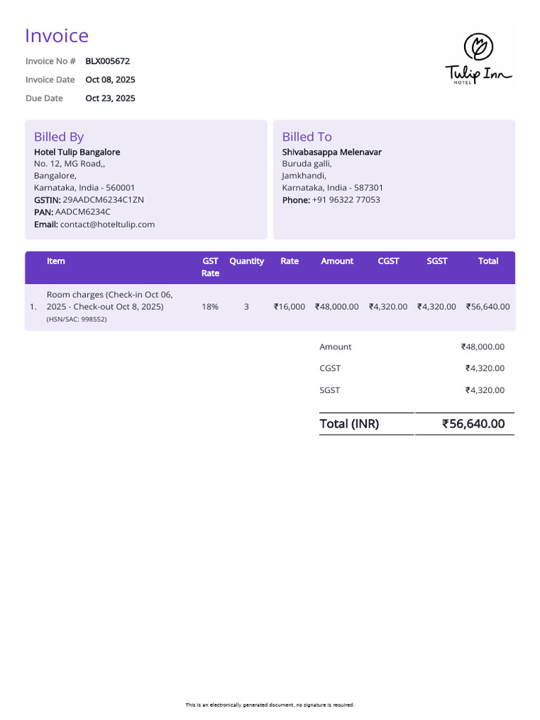 Invoice Blx005672 Hotel Tulip Bangtulip Alore Shivabasappa Melenavar | PDF