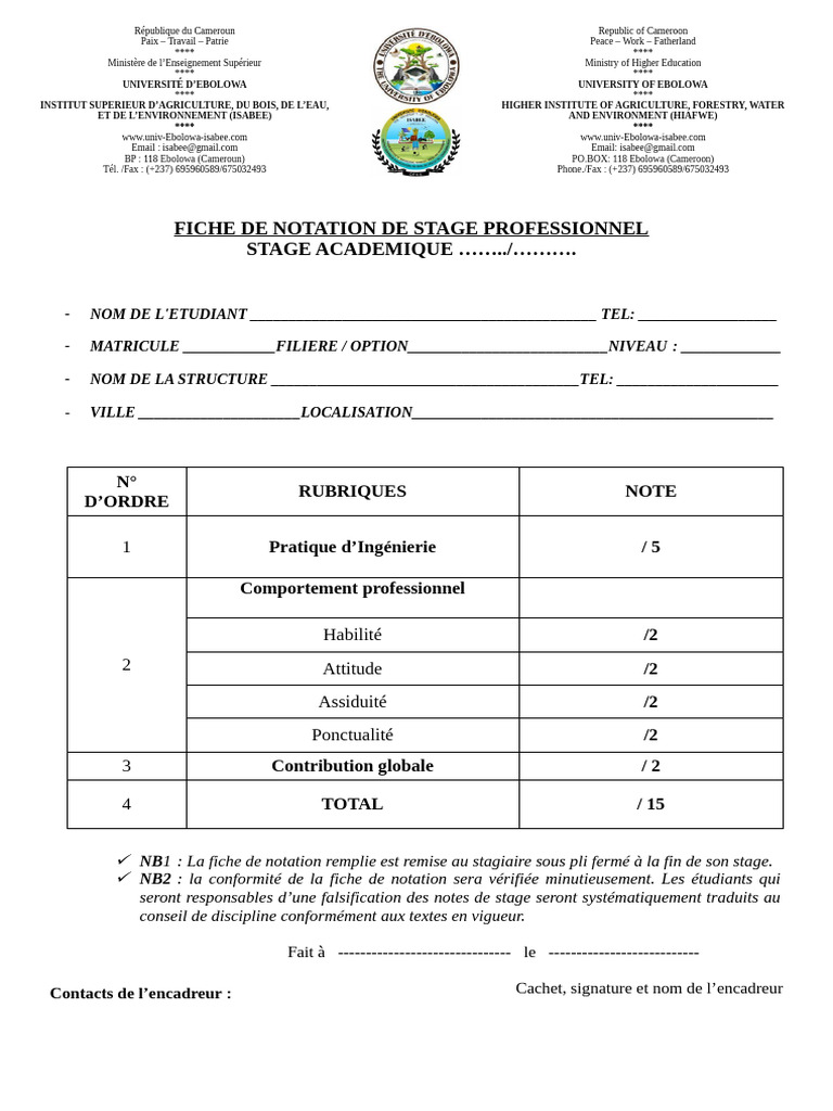 Fiche de Notation de Stage Académique | PDF