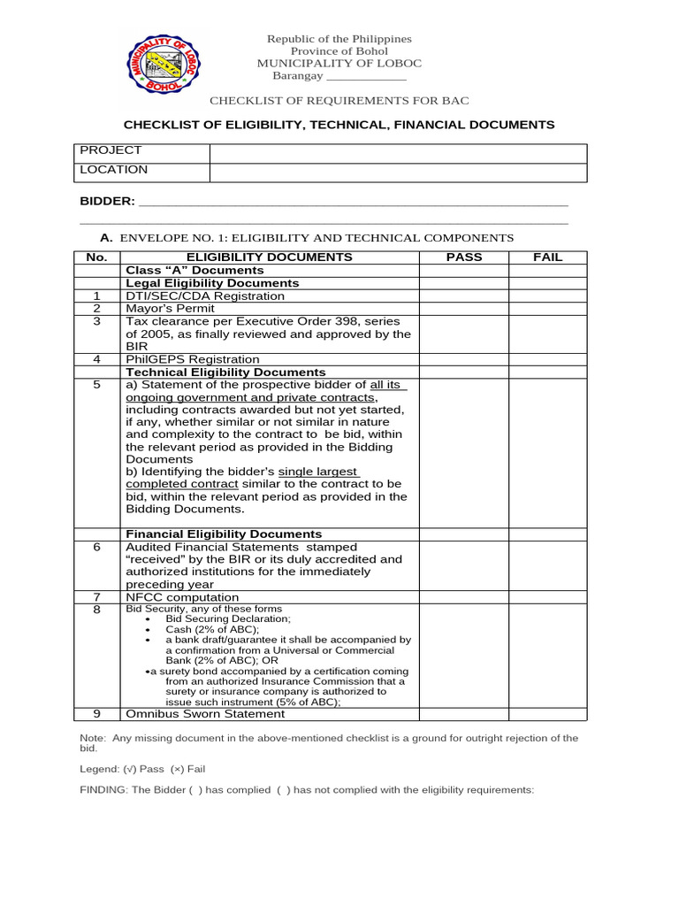 Bohol BAC Bid Requirements Checklist | PDF