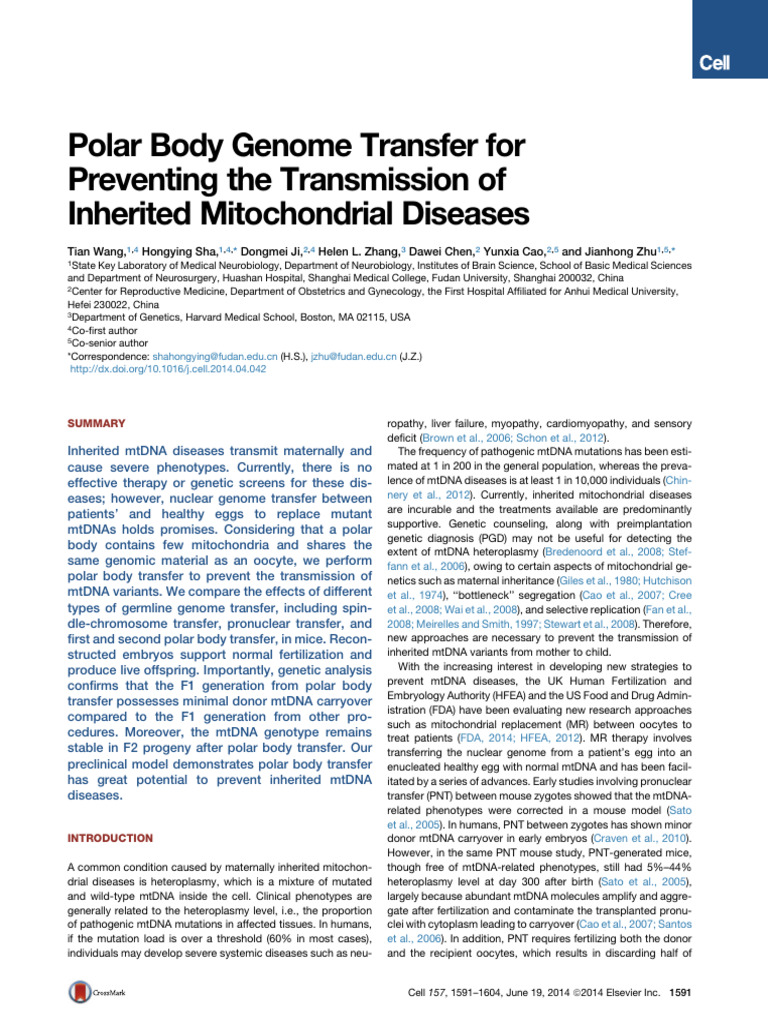 Polar Body Transfer to Prevent mtDNA Diseases | PDF | Mitochondrial Dna ...