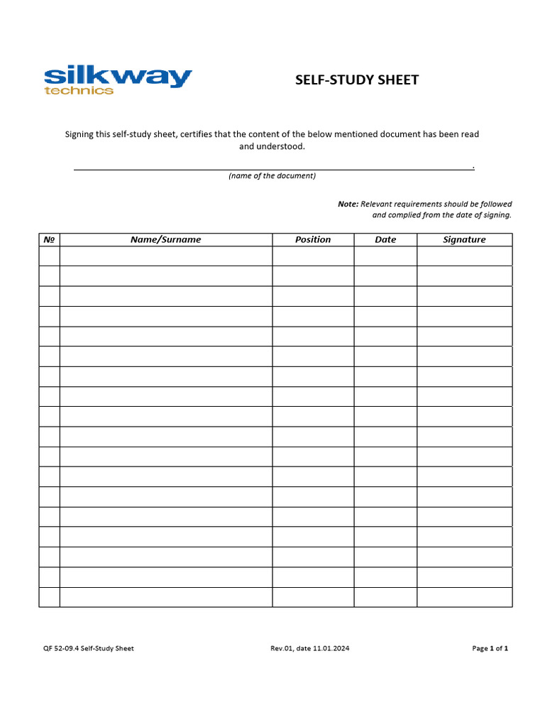 QF 52-09.4 Self-Study Sheet Form | PDF