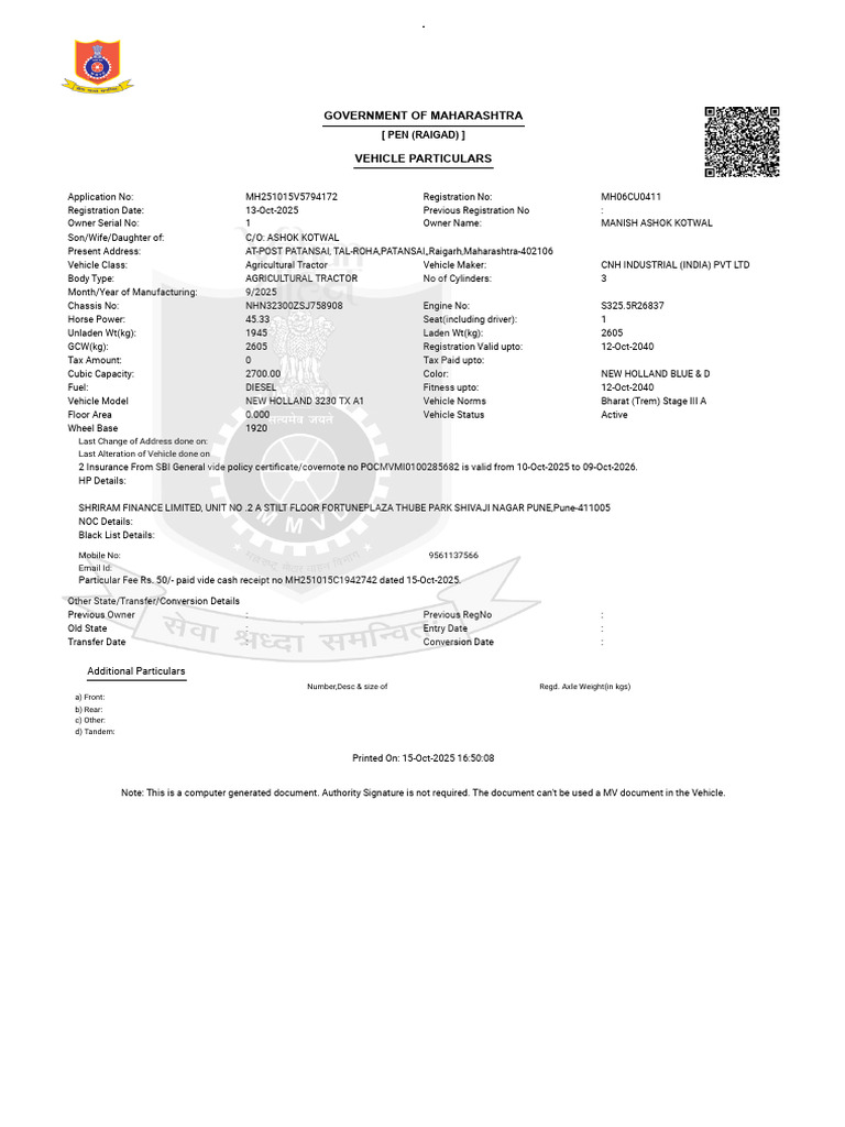 New Holland 3230 TX A1 Tractor Registration | PDF | Vehicle Technology ...