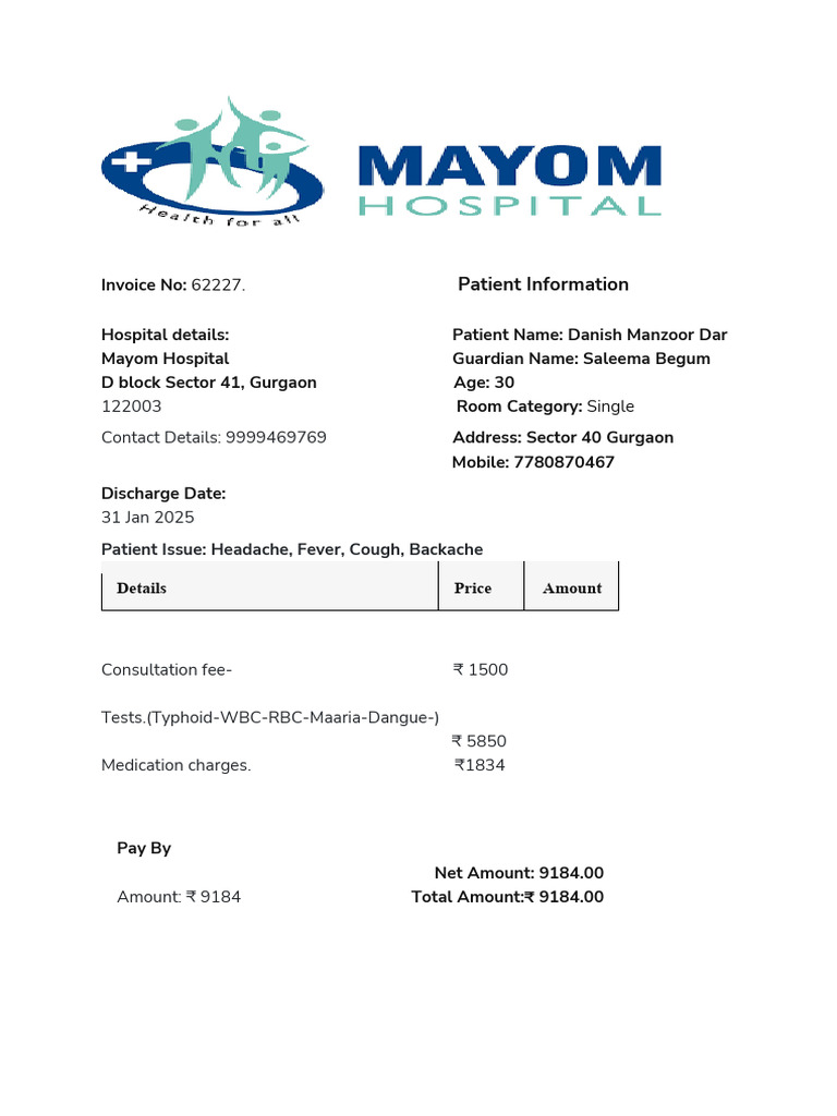 Hospital Invoice for Danish Manzoor Dar | PDF