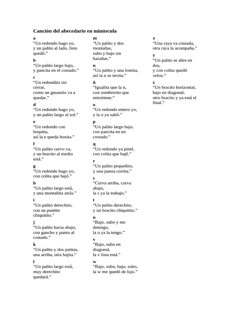 Canción PARA ESCRIBIR El Abecedario en Minúscula | PDF