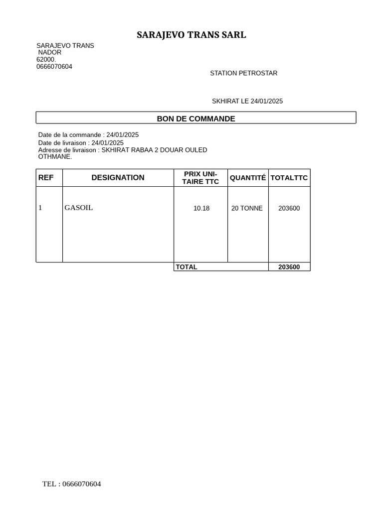 Bon de commande de gasoil à Skhirat | PDF