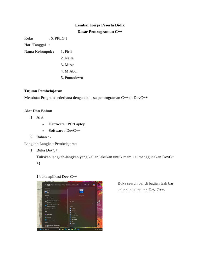 Lembar Kerja Pemrograman C++ Kelas X | PDF