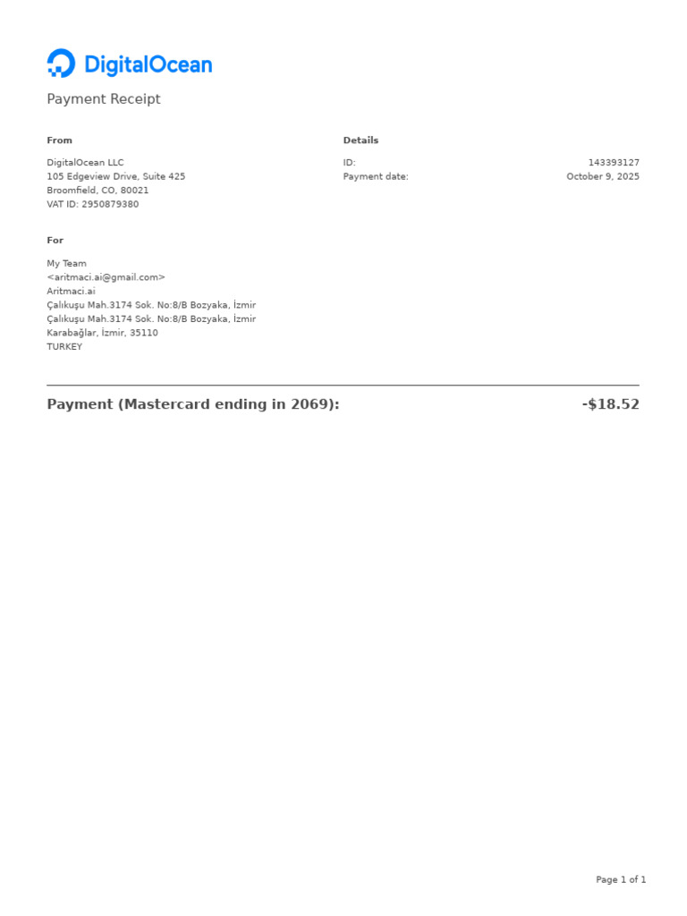 Payment Receipt: Payment (Mastercard Ending in 2069) : - $18.52 | PDF
