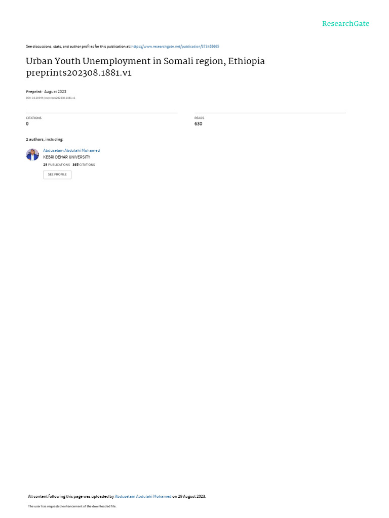Urban Youth Unemployment in Somali Region, Ethiopia Preprints202308 ...