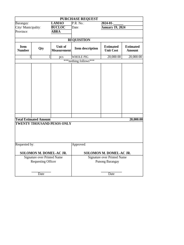 Barangay Purchase Request and Order Form | PDF