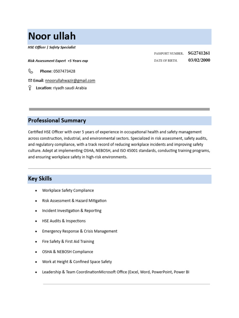 Noorullah Safety CV With Certificate | PDF | Occupational Safety And ...