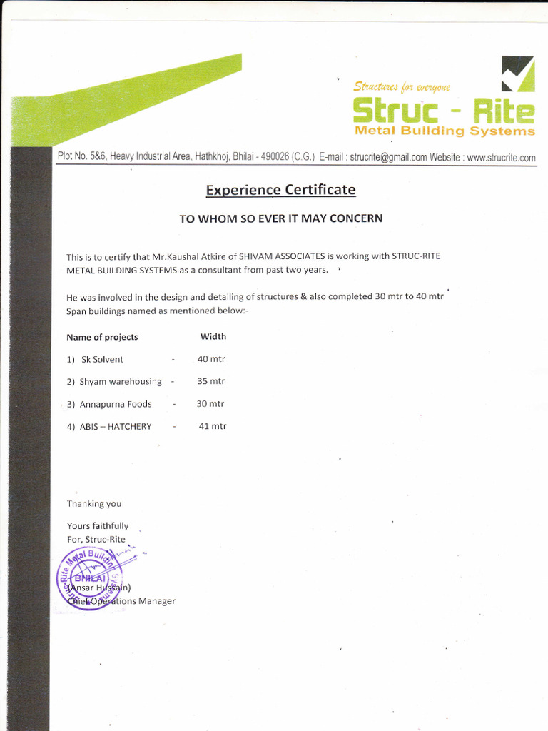 Structure Experience Certificate | PDF