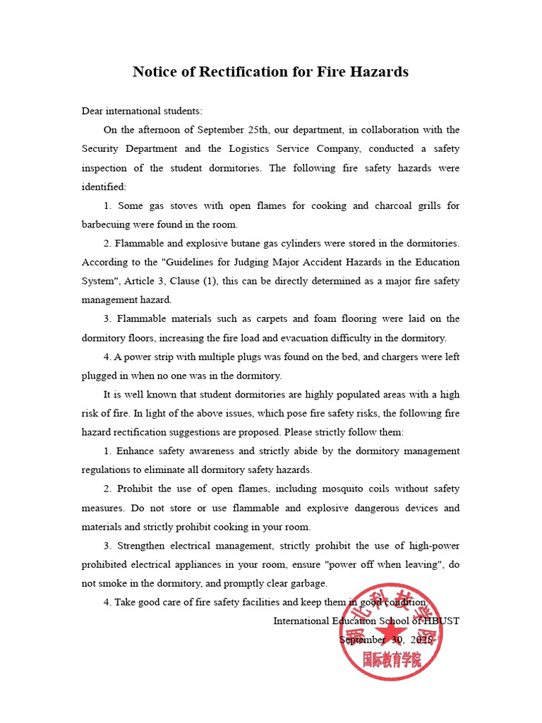 Notice of Rectification For Fire Hazards | PDF