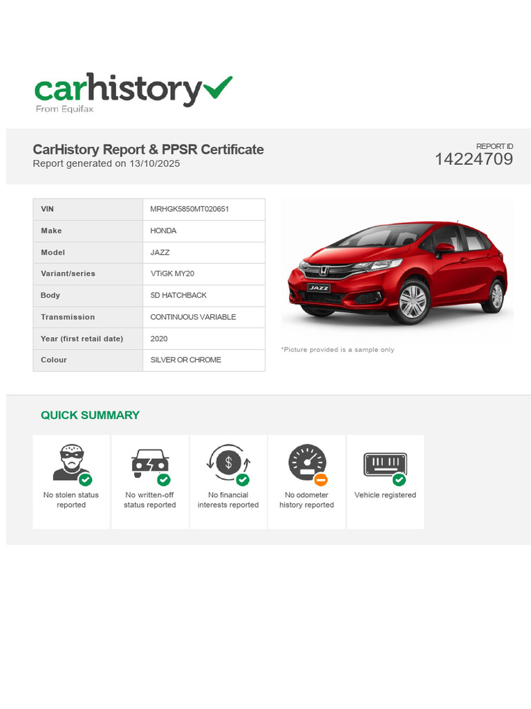 CarHistory Report for 2020 Honda Jazz | PDF | Vehicle Technology ...