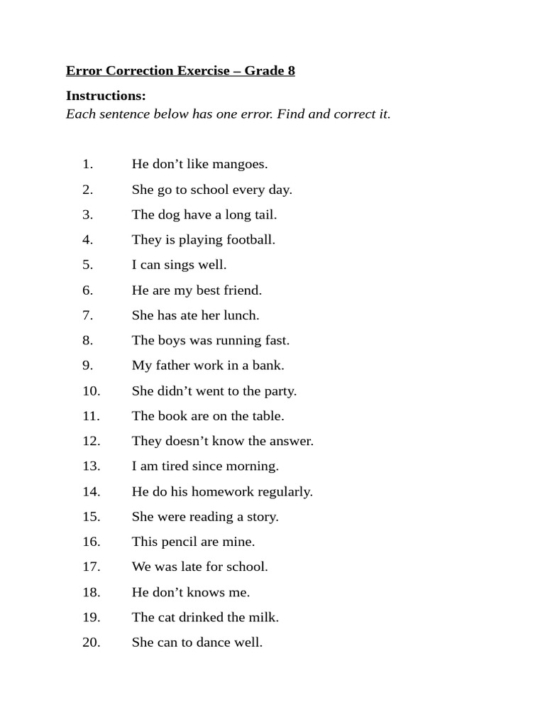 Grade 8 Error Correction Exercise | PDF