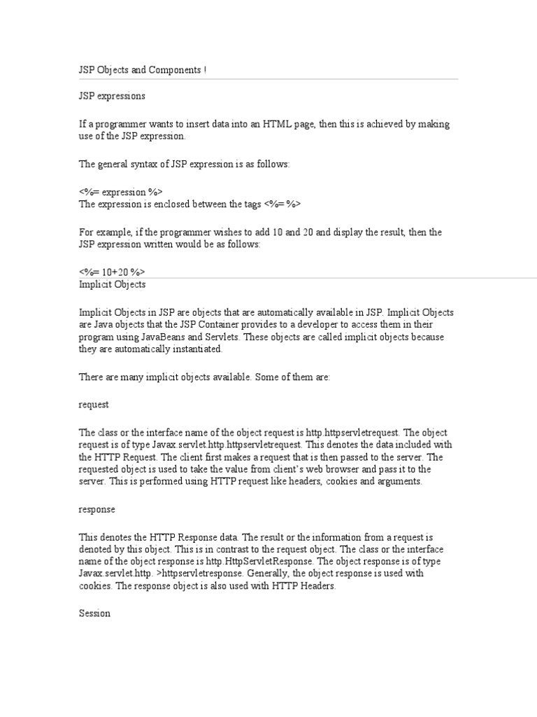 JSP Objects and Components PDF Java Server Pages Hypertext