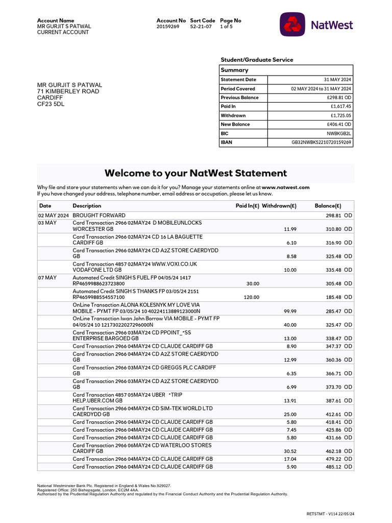 Statement 522107 20159269 31 May 2024 | PDF | Overdraft | Transaction ...