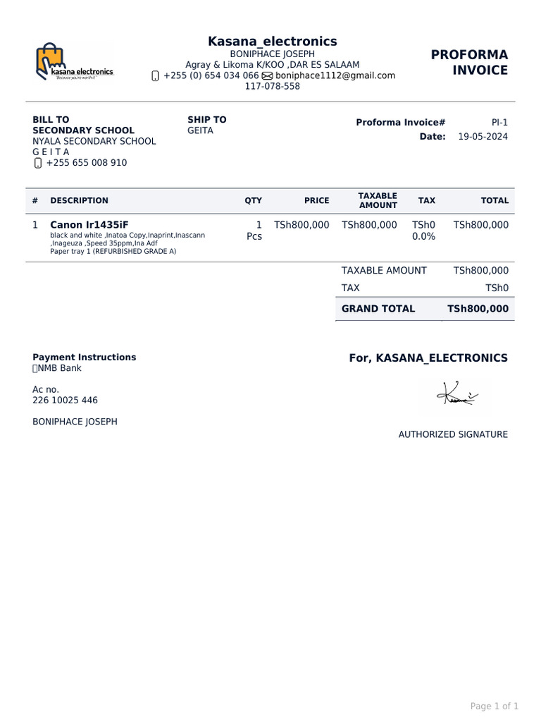 Kasana - Electronics Proforma Invoice: Canon Ir1435iF | PDF
