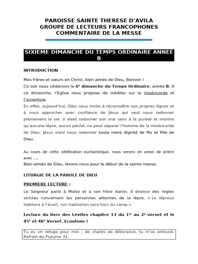 Messe du 6e Dimanche Ordinaire B | PDF | Liturgie