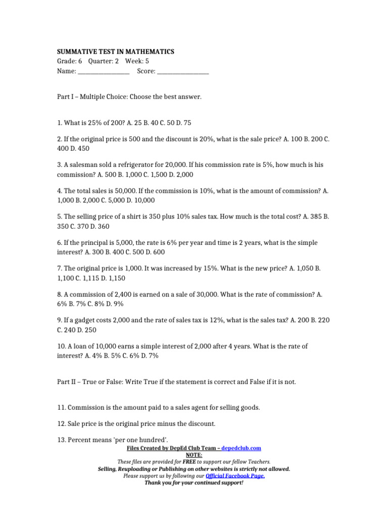 Grade 6 Math Summative Test | PDF | Discounting | Interest