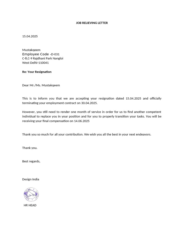Job Relieving Letter | PDF