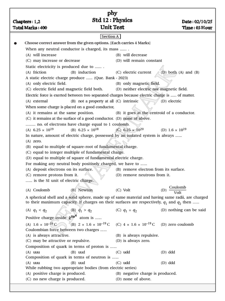 Physics Unit Test Questions for Class 12 | PDF | Electric Charge ...