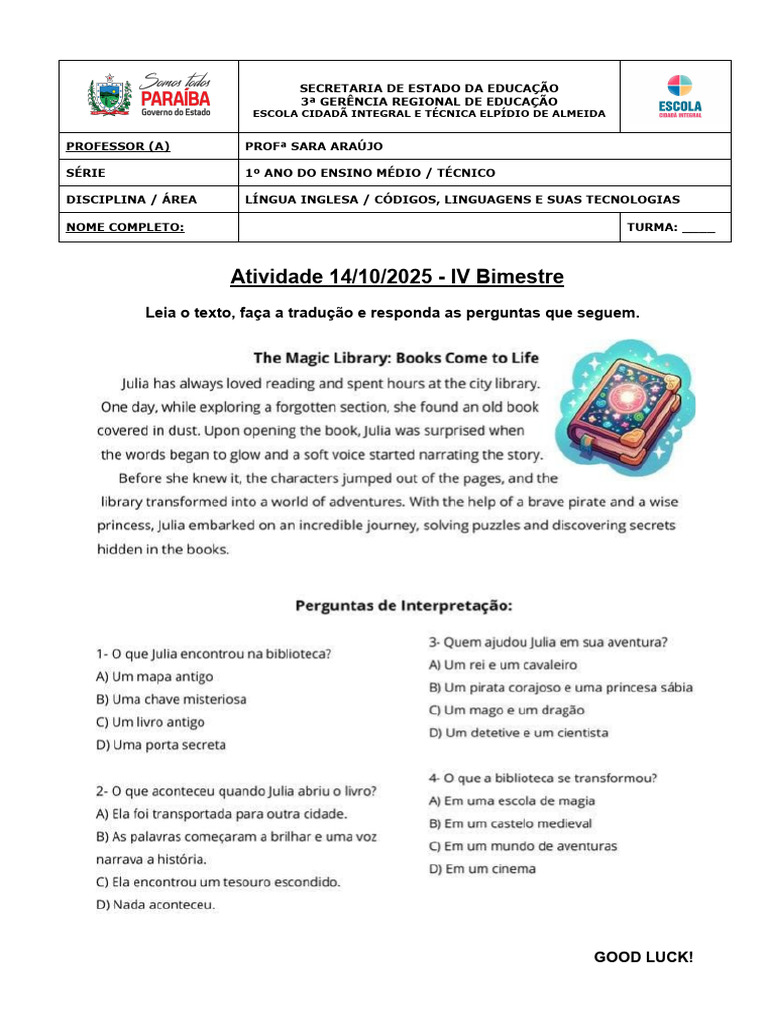 Atividade de Língua Inglesa - 1º Ano | PDF