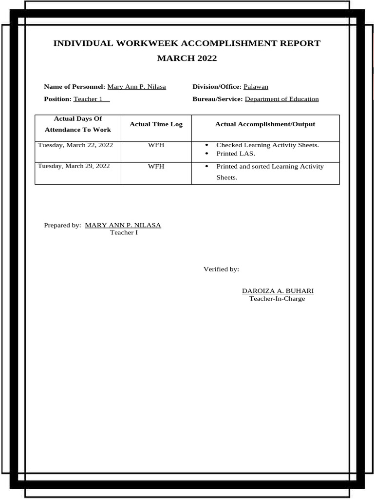 March 2022 Workweek Report: Teacher 1 | PDF