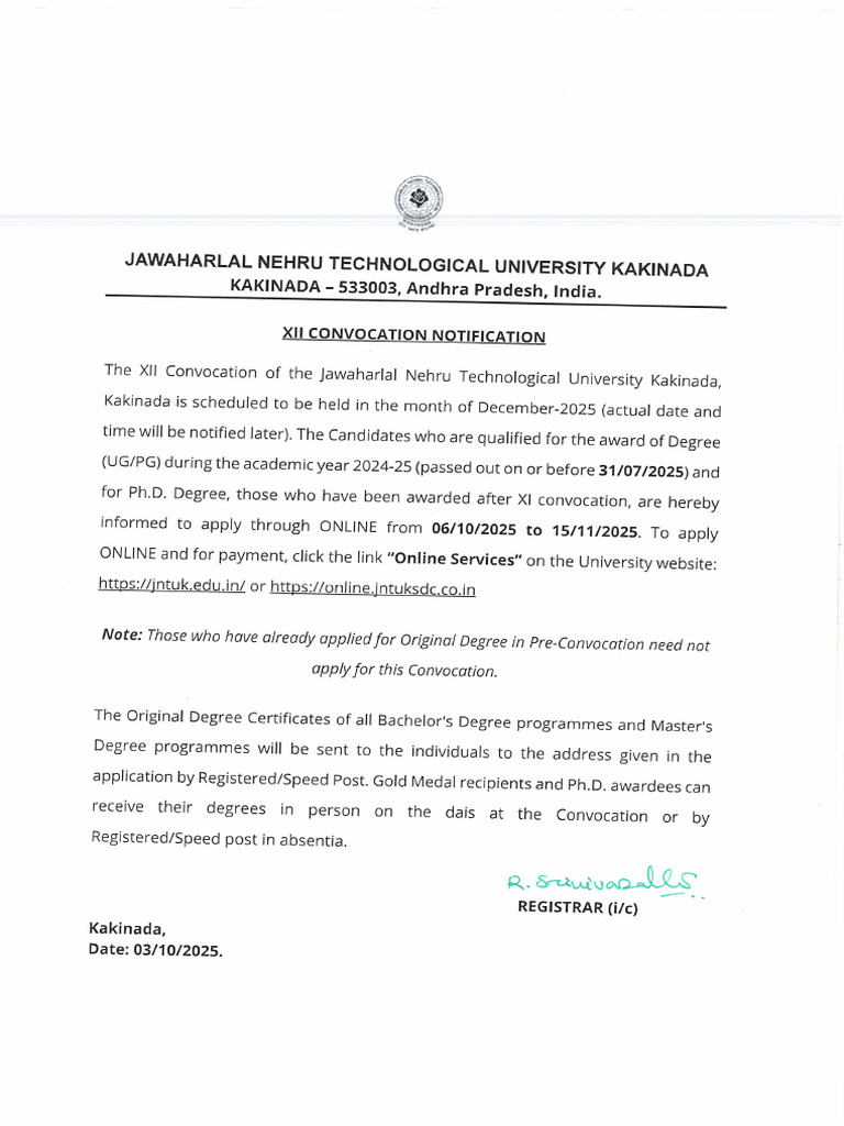 JNTUK XII Convocation Notification | PDF
