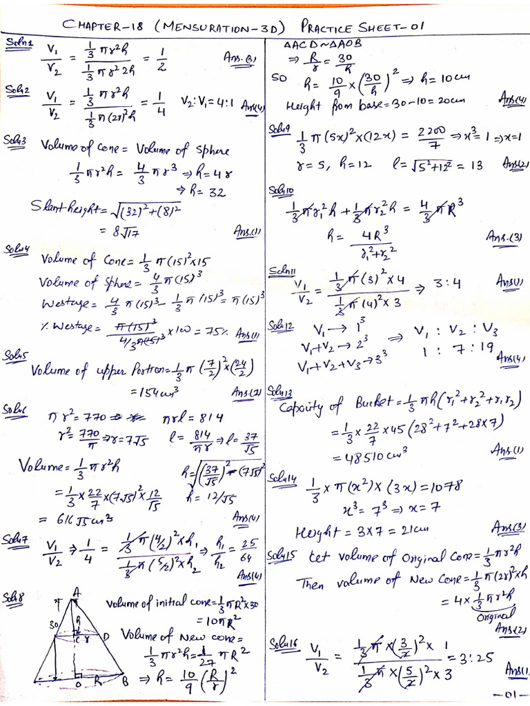 Mensuration 3D Sheet 1 Solution | PDF