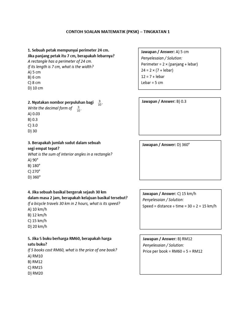 Contoh Soalan Matematik (PKSK) Tingkatan 1 | PDF