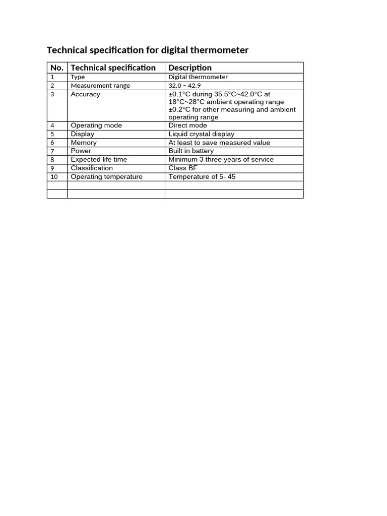 Digital Thermometer Specifications | PDF