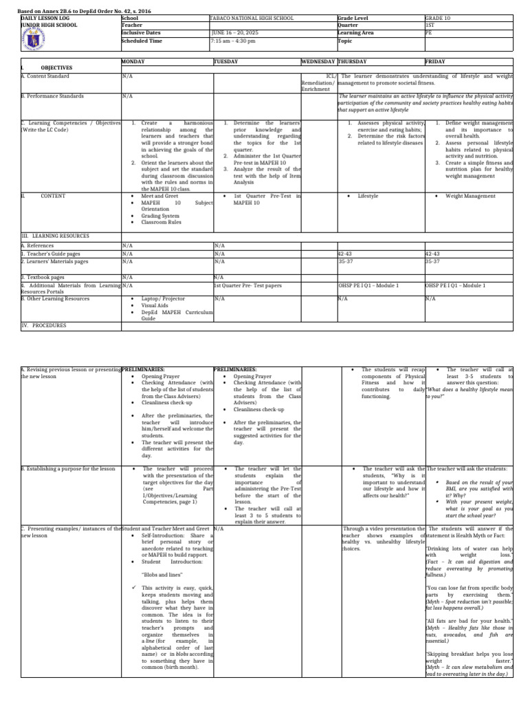 Grade 10 MAPEH Daily Lesson Log | PDF | Teachers | Physical Fitness