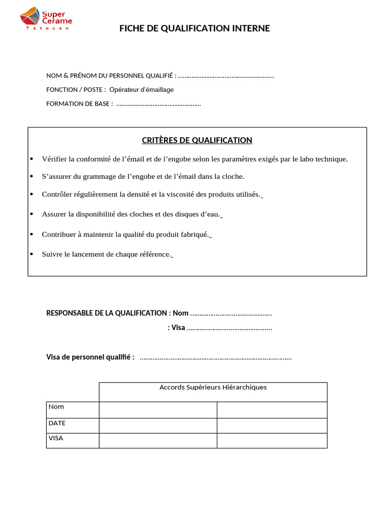 Fiche de Qualification Opérateur Émaillage | PDF