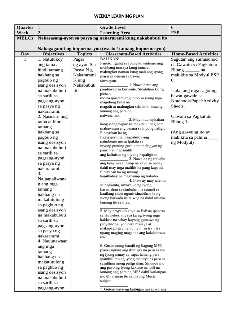 Weekly Learning Plan | PDF