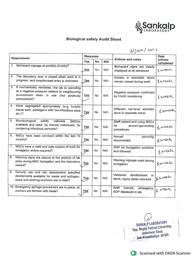 Biological Safety Audit | PDF