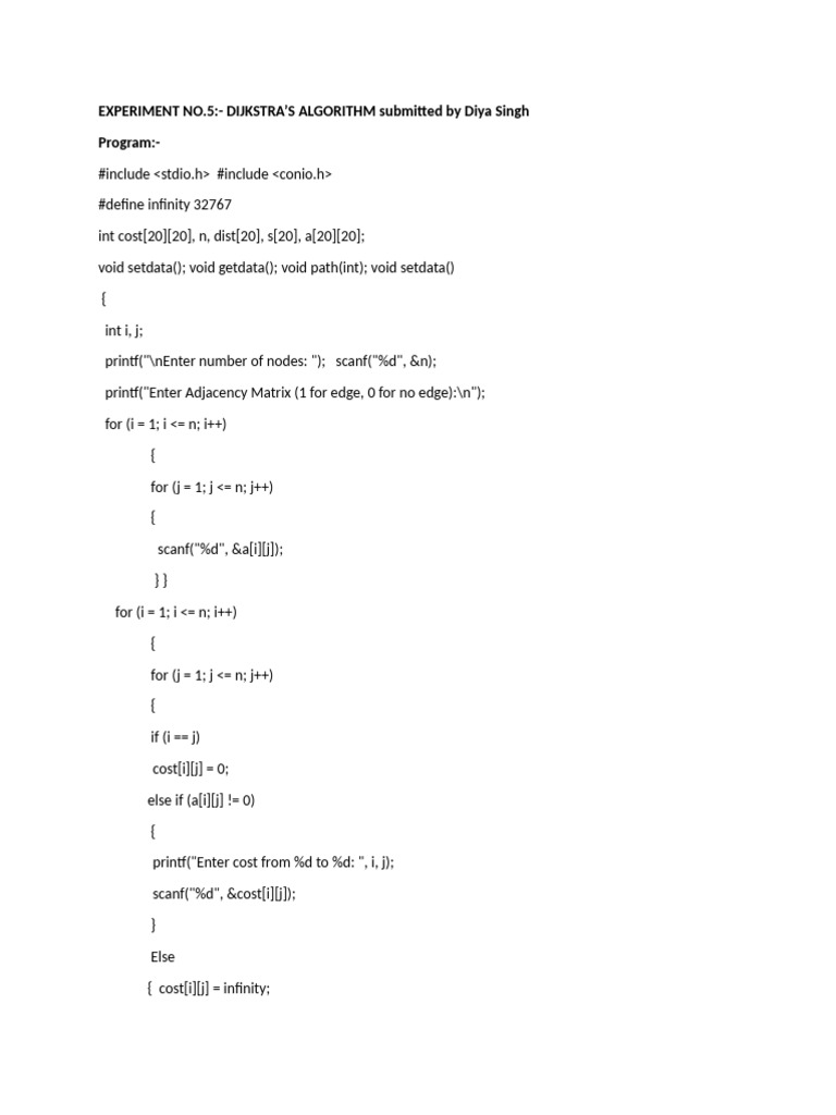 Dijkstra's Algorithm Implementation in C | PDF